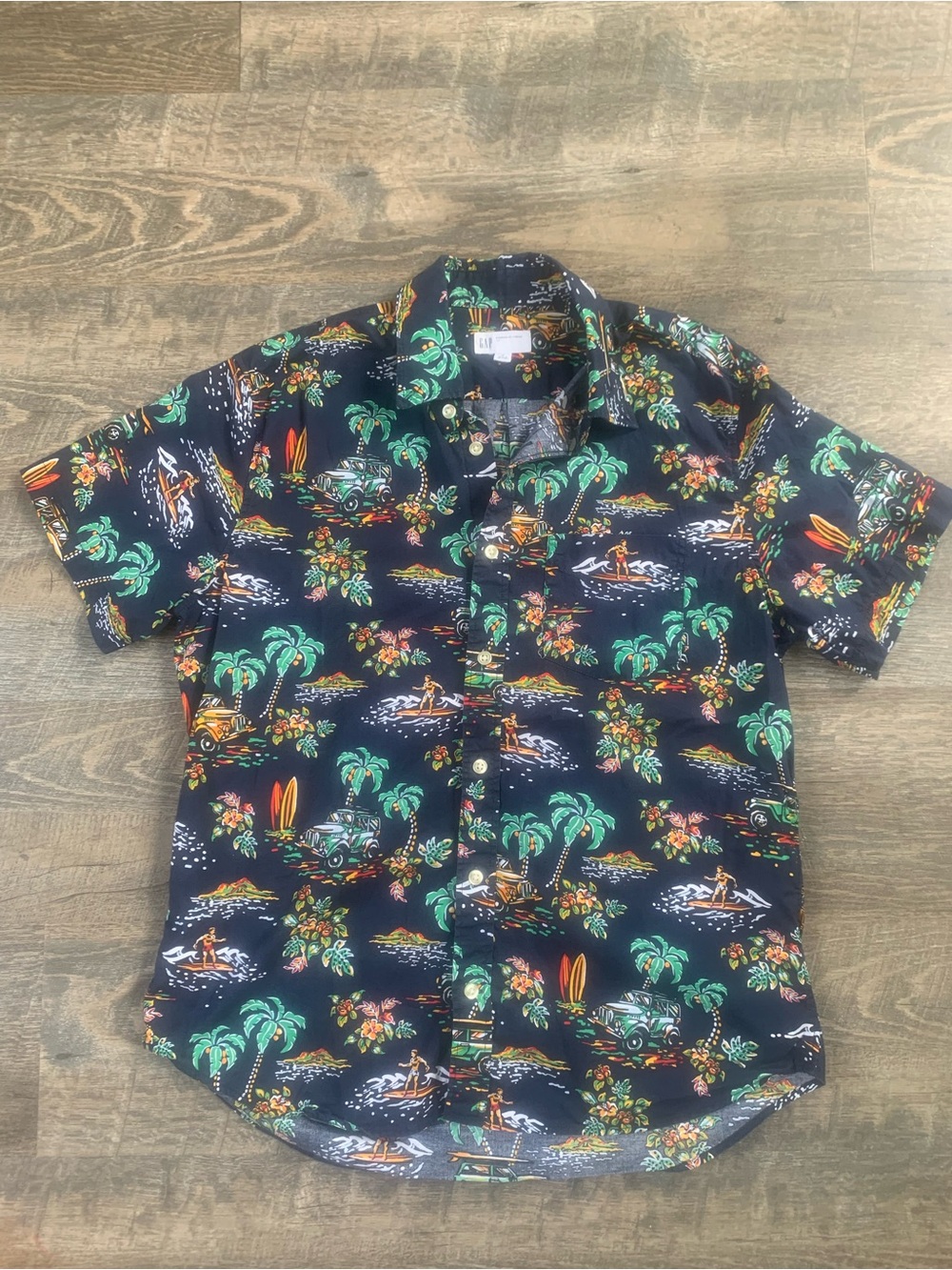 Men's Hawaiian Tropical Short-Sleeve Button Up Shirt Navy with Green Palm Print